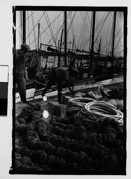 [Ten 35mm Film Frames on Uncut Roll: 8 Views of Sponge Diving Boats and Sponges Drying at Dock, and 2 Shadow Self-Portraits at Dock, Tarpon Springs, Florida], Walker Evans (American, St. Louis, Missouri 1903–1975 New Haven, Connecticut), Film negative