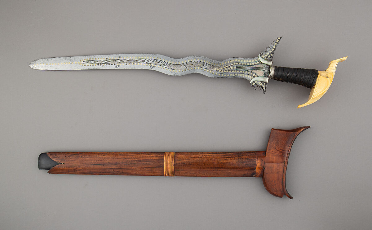 Kris with Sheath, Steel, ivory, silver, gold, wood, Philippine, Tawi-Tawi 