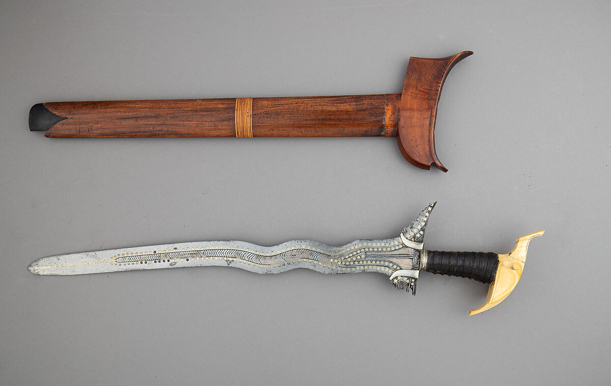 Kris with Sheath, Steel, ivory, silver, gold, wood, Philippine, Tawi-Tawi