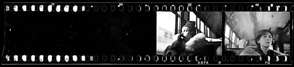 [Two 35mm Film Frames: Subway Passengers, New York City: Woman in Hat and Fur Collar Looking Out Window of Elevated Train; Helen Levitt Seated in Elevated Subway Car], Walker Evans (American, St. Louis, Missouri 1903–1975 New Haven, Connecticut), Film negative