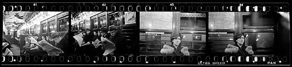 [Four 35mm Film Frames: View Down Subway Car with Seated Passengers, Seated Subway Passengers, Helen Levitt on the Subway, New York City], Walker Evans (American, St. Louis, Missouri 1903–1975 New Haven, Connecticut), Film negative