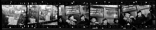 [Five 35mm Film Frames: Camera Store Window, New York City; Subway Passengers, New York City: Women Beneath "7th Avenue Local" Sign ], Walker Evans (American, St. Louis, Missouri 1903–1975 New Haven, Connecticut), Film negative