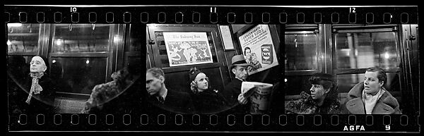 [Three 35mm Film Frames: Subway Passengers, New York City: Sleeping Elderly Woman, Young Woman and Two Men, Two Women], Walker Evans (American, St. Louis, Missouri 1903–1975 New Haven, Connecticut), Film negative