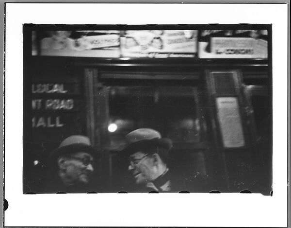 [Five 35mm Film Frames: Subway Passengers, New York City: Woman Beneath "Lex Ave Local" Sign, Two Men in Conversation Beneath "Lex Ave Local" Sign, Two Men Beneath "City Hall" Sign], Walker Evans (American, St. Louis, Missouri 1903–1975 New Haven, Connecticut), Film negative