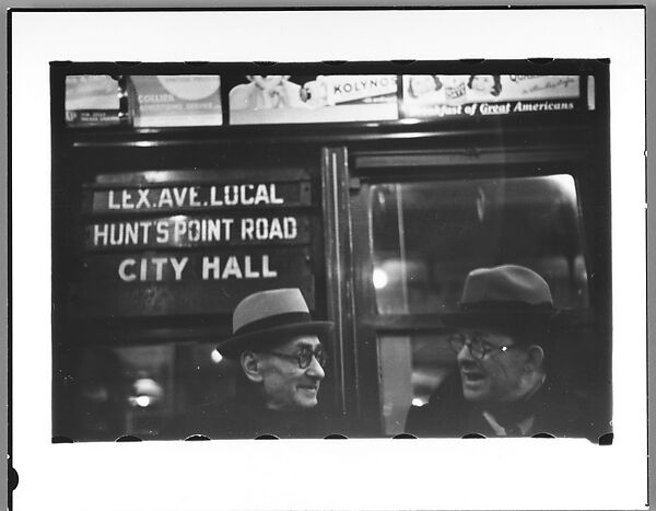 [Five 35mm Film Frames: Subway Passengers, New York City: Woman Beneath "Lex Ave Local" Sign, Two Men in Conversation Beneath "Lex Ave Local" Sign, Two Men Beneath "City Hall" Sign], Walker Evans (American, St. Louis, Missouri 1903–1975 New Haven, Connecticut), Film negative
