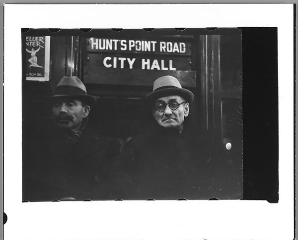 [Five 35mm Film Frames: Subway Passengers, New York City: Woman Beneath "Lex Ave Local" Sign, Two Men in Conversation Beneath "Lex Ave Local" Sign, Two Men Beneath "City Hall" Sign], Walker Evans (American, St. Louis, Missouri 1903–1975 New Haven, Connecticut), Film negative