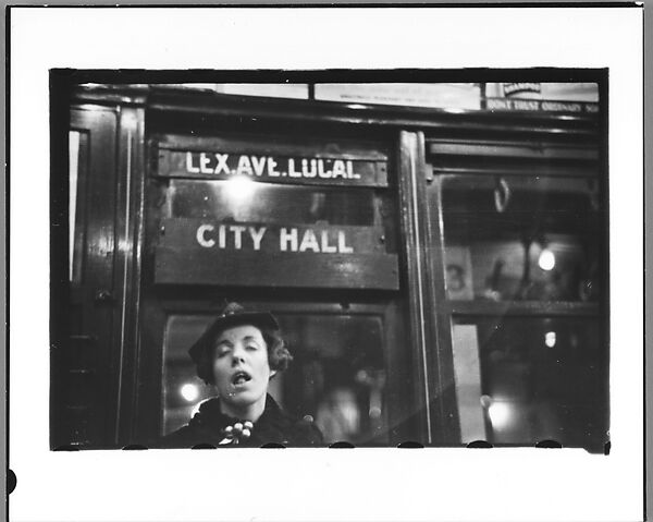 [Five 35mm Film Frames: Subway Passengers, New York City: Woman Beneath "Lex Ave Local" Sign, Two Men in Conversation Beneath "Lex Ave Local" Sign, Two Men Beneath "City Hall" Sign], Walker Evans (American, St. Louis, Missouri 1903–1975 New Haven, Connecticut), Film negative