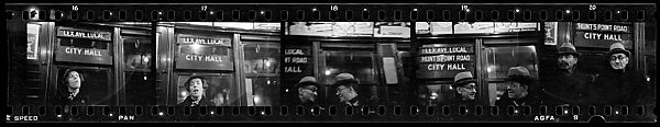 [Five 35mm Film Frames: Subway Passengers, New York City: Woman Beneath "Lex Ave Local" Sign, Two Men in Conversation Beneath "Lex Ave Local" Sign, Two Men Beneath "City Hall" Sign], Walker Evans (American, St. Louis, Missouri 1903–1975 New Haven, Connecticut), Film negative