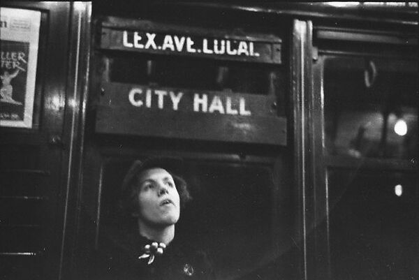 [Five 35mm Film Frames: Subway Passengers, New York City: Woman Beneath "Lex Ave Local" Sign, Two Men in Conversation Beneath "Lex Ave Local" Sign, Two Men Beneath "City Hall" Sign], Walker Evans (American, St. Louis, Missouri 1903–1975 New Haven, Connecticut), Film negative 