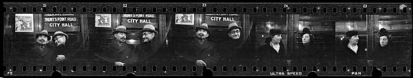 [Five 35mm Film Frames: Subway Passengers, New York City: Two Men Beneath "City Hall" Sign, Two Women], Walker Evans (American, St. Louis, Missouri 1903–1975 New Haven, Connecticut), Film negative