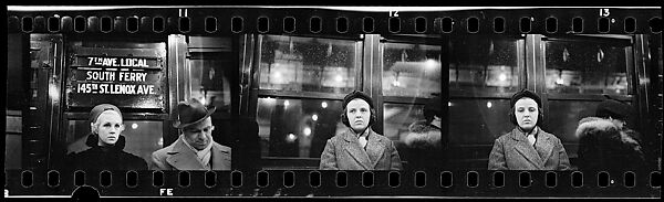 [Three 35mm Film Frames: Subway Passengers, New York City: Woman and Man Beneath "7th Ave Local" Sign, Woman in Overcoat], Walker Evans (American, St. Louis, Missouri 1903–1975 New Haven, Connecticut), Film negative