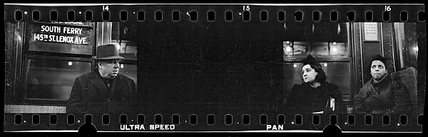 [Two 35mm Film Frames: Subway Passengers, New York City: Man in Hat and Overcoat Beneath "South Ferry" Sign, Two Women], Walker Evans (American, St. Louis, Missouri 1903–1975 New Haven, Connecticut), Film negative