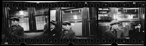 [Three 35mm Film Frames: Subway Passengers, New York City: Man in Cap, Woman in Hat and Gloves], Walker Evans (American, St. Louis, Missouri 1903–1975 New Haven, Connecticut), Film negative