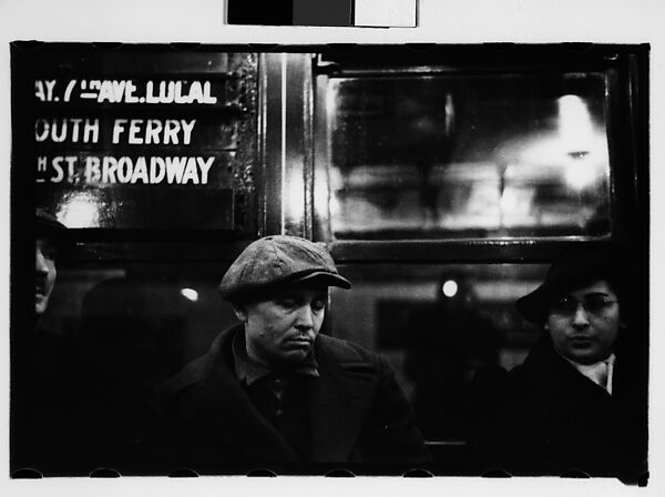 [Three 35mm Film Frames: Subway Passengers, New York City: Men in Caps, Woman in Hat and Gloves Beneath "7th Ave Local" Sign], Walker Evans (American, St. Louis, Missouri 1903–1975 New Haven, Connecticut), Film negative