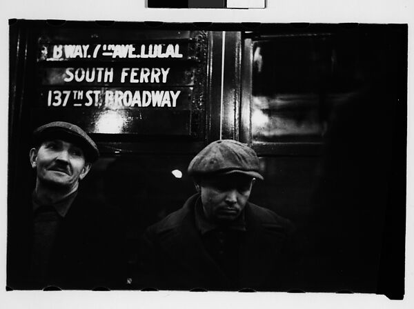 [Three 35mm Film Frames: Subway Passengers, New York City: Men in Caps, Woman in Hat and Gloves Beneath "7th Ave Local" Sign], Walker Evans (American, St. Louis, Missouri 1903–1975 New Haven, Connecticut), Film negative