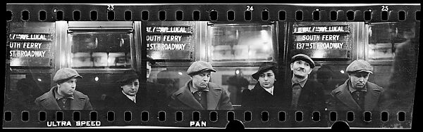 [Three 35mm Film Frames: Subway Passengers, New York City: Men in Caps, Woman in Hat and Gloves Beneath "7th Ave Local" Sign], Walker Evans (American, St. Louis, Missouri 1903–1975 New Haven, Connecticut), Film negative