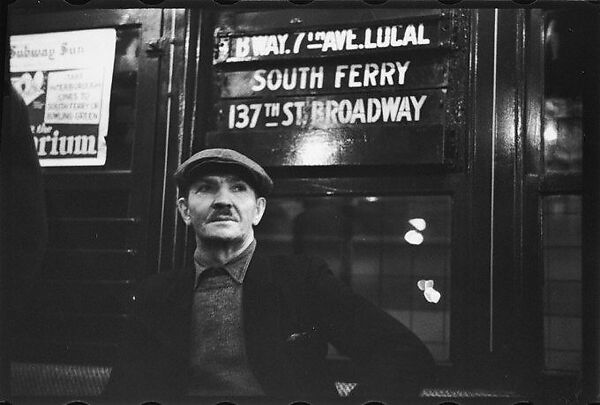 [Three 35mm Film Frames: Subway Passengers, New York City: Man in Cap Beneath "7th Ave Local" Sign, Elderly Woman in Fur Collar, Man Reading Newspaper, Woman in Hat Beneath "7th Ave Local" Sign], Walker Evans (American, St. Louis, Missouri 1903–1975 New Haven, Connecticut), Film negative 