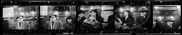 [Five 35mm Film Frames: Subway Passengers, New York City:  Man in Hat and Scarf, Elderly Woman, Woman in Flower-Brim Hat with Dog], Walker Evans (American, St. Louis, Missouri 1903–1975 New Haven, Connecticut), Film negative
