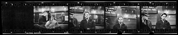 [Four 35mm Film Frames: Subway Passengers, New York City:  Woman with Flower-Brim Hat and Dog, Two Men in Conversation, Man in Cap], Walker Evans (American, St. Louis, Missouri 1903–1975 New Haven, Connecticut), Film negative