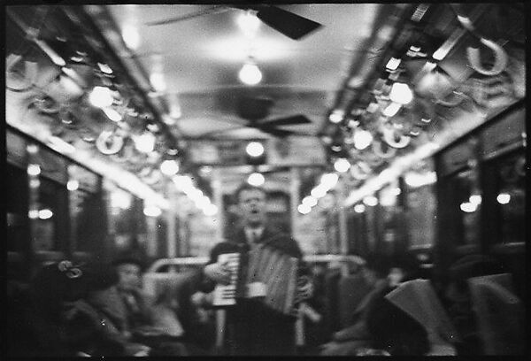 [Three 35mm Film Frames: View Down Subway Car with Accordionist Performing in Aisle, New York City], Walker Evans (American, St. Louis, Missouri 1903–1975 New Haven, Connecticut), Film negative