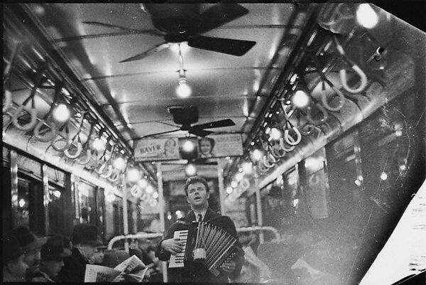 [Three 35mm Film Frames: View Down Subway Car with Accordionist Performing in Aisle, New York City], Walker Evans (American, St. Louis, Missouri 1903–1975 New Haven, Connecticut), Film negative