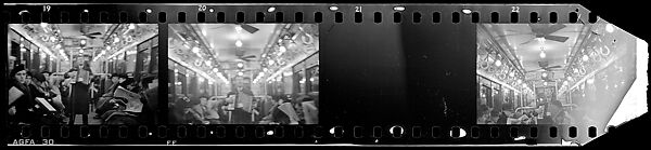 [Three 35mm Film Frames: View Down Subway Car with Accordionist Performing in Aisle, New York City], Walker Evans (American, St. Louis, Missouri 1903–1975 New Haven, Connecticut), Film negative