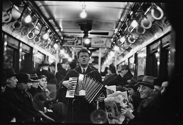 [Four 35mm Film Frames: View Down Subway Car: Accordionist Performing in Aisle, Newspaper Vendor in Aisle, New York City], Walker Evans (American, St. Louis, Missouri 1903–1975 New Haven, Connecticut), Film negative