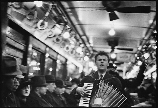[Four 35mm Film Frames: View Down Subway Car: Accordionist Performing in Aisle, Newspaper Vendor in Aisle, New York City], Walker Evans (American, St. Louis, Missouri 1903–1975 New Haven, Connecticut), Film negative