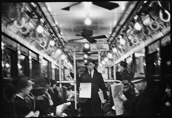 [Four 35mm Film Frames: View Down Subway Car: Accordionist Performing in Aisle, Newspaper Vendor in Aisle, New York City], Walker Evans (American, St. Louis, Missouri 1903–1975 New Haven, Connecticut), Film negative