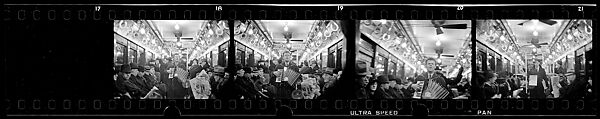 [Four 35mm Film Frames: View Down Subway Car: Accordionist Performing in Aisle, Newspaper Vendor in Aisle, New York City], Walker Evans (American, St. Louis, Missouri 1903–1975 New Haven, Connecticut), Film negative