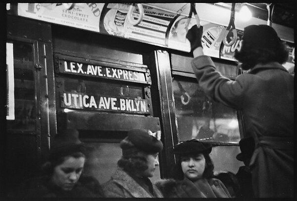 [Five 35mm Film Frames: Subway Passengers, New York City: Man, Woman Reading Newspaper, Women Beneath "Lex Ave Express" Sign, Two Women in Conversation Beneath "Broadway 7th Ave Express" Sign], Walker Evans (American, St. Louis, Missouri 1903–1975 New Haven, Connecticut), Film negative