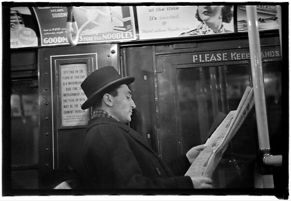[Five 35mm Film Frames: Subway Passengers, New York City: Man, Woman Reading Newspaper, Women Beneath "Lex Ave Express" Sign, Two Women in Conversation Beneath "Broadway 7th Ave Express" Sign], Walker Evans (American, St. Louis, Missouri 1903–1975 New Haven, Connecticut), Film negative