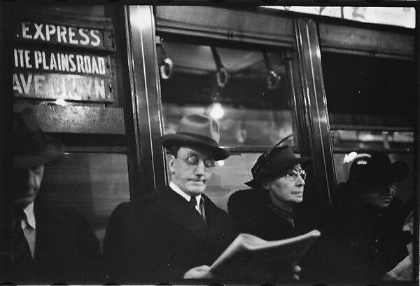 [Five 35mm Film Frames: Subway Passengers, New York City: Two Women, Man Beneath "Broadway 7th Ave Express" Sign, Man Reading Newspaper, Two Elderly Women], Walker Evans (American, St. Louis, Missouri 1903–1975 New Haven, Connecticut), Film negative