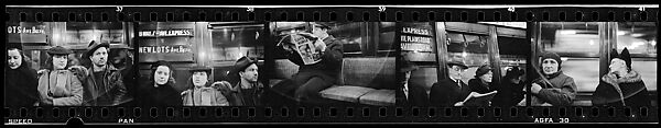 [Five 35mm Film Frames: Subway Passengers, New York City: Two Women, Man Beneath "Broadway 7th Ave Express" Sign, Man Reading Newspaper, Two Elderly Women], Walker Evans (American, St. Louis, Missouri 1903–1975 New Haven, Connecticut), Film negative
