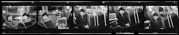 [Five 35mm Film Frames: Subway Passengers, New York City: Elderly Women, Man Reading Newspaper, Man in Bowler Hat], Walker Evans (American, St. Louis, Missouri 1903–1975 New Haven, Connecticut), Film negative