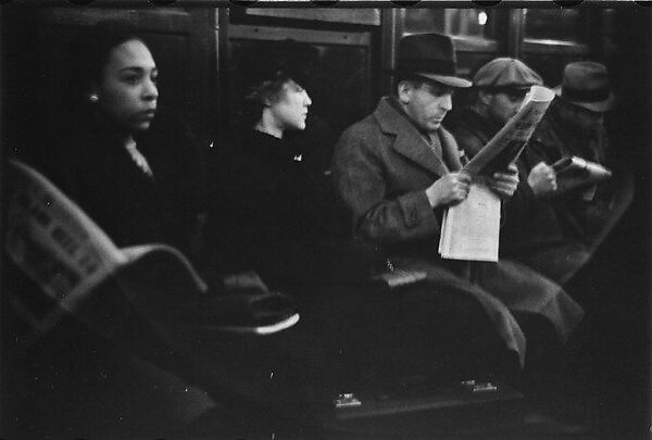 [Four 35mm Film Frames: Subway Passengers, New York City: Sleeping Man in Car Corner, Aunt Jemima Pancake Mix Advertisement in Subway Car, Woman in Fur Collar, Row of Passengers], Walker Evans (American, St. Louis, Missouri 1903–1975 New Haven, Connecticut), Film negative