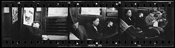 [Four 35mm Film Frames: Subway Passengers, New York City: Sleeping Man in Car Corner, Aunt Jemima Pancake Mix Advertisement in Subway Car, Woman in Fur Collar, Row of Passengers], Walker Evans (American, St. Louis, Missouri 1903–1975 New Haven, Connecticut), Film negative