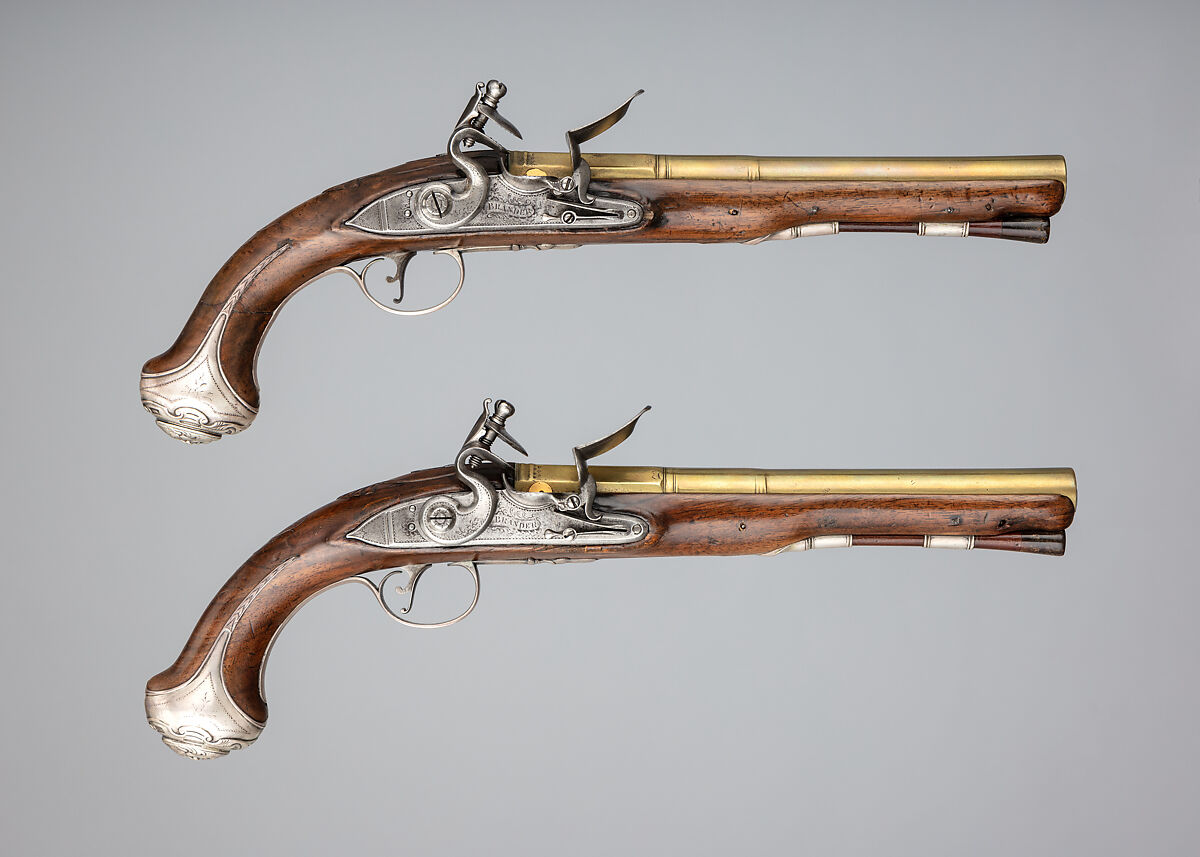 Pair of Flintlock Pistols, William Brander (British, London, active mid- to late 18th century), Steel, wood (walnut), brass, silver, gold, horn, British, London 