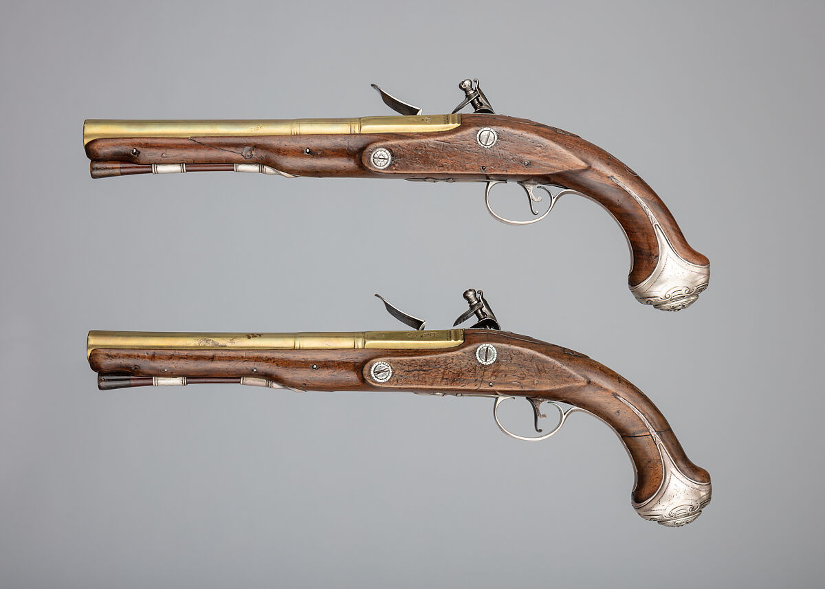 Pair of Flintlock Pistols, William Brander (British, London, active mid- to late 18th century), Steel, wood (walnut), brass, silver, gold, horn, British, London