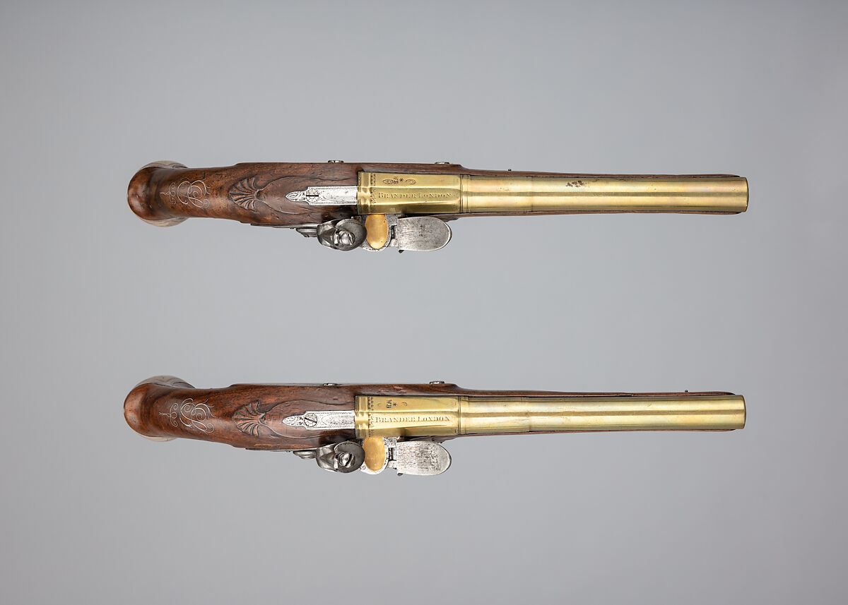 Pair of Flintlock Pistols, William Brander (British, London, active mid- to late 18th century), Steel, wood (walnut), brass, silver, gold, horn, British, London