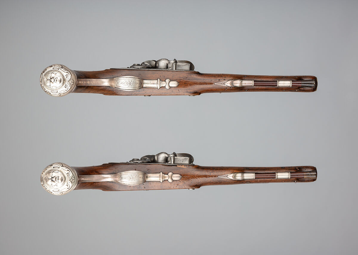 Pair of Flintlock Pistols, William Brander (British, London, active mid- to late 18th century), Steel, wood (walnut), brass, silver, gold, horn, British, London