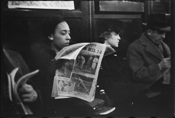 [Five 35mm Film Frames: Subway Passengers, New York City: Woman in Fur Collar Reading Newspaper, Two Young Women, Man Leaning on Cane], Walker Evans (American, St. Louis, Missouri 1903–1975 New Haven, Connecticut), Film negative 