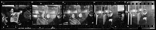 [Five 35mm Film Frames: Subway Passengers, New York City: Woman in Fur Collar Reading Newspaper, Two Young Women, Man Leaning on Cane], Walker Evans (American, St. Louis, Missouri 1903–1975 New Haven, Connecticut), Film negative