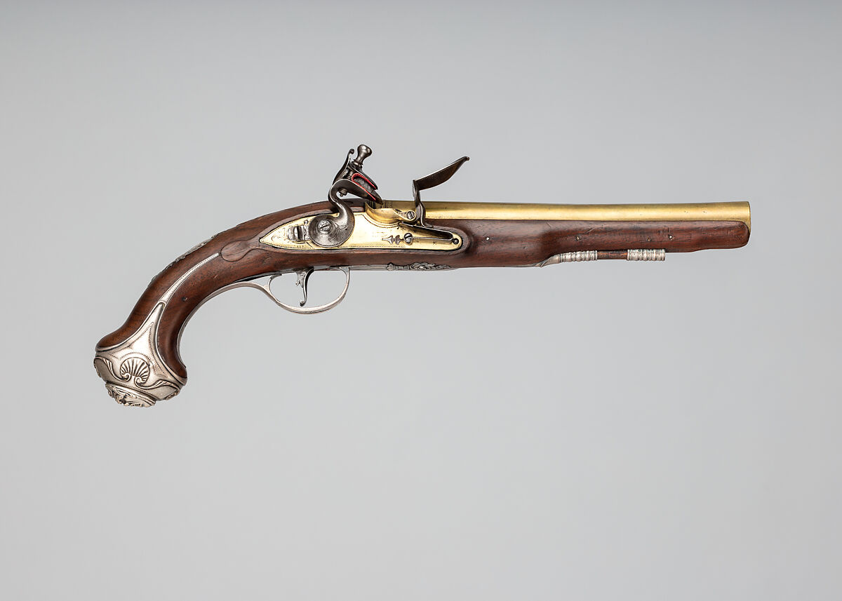 Flintlock Pistol, Probably John Hall (London, recorded 1738), Steel, wood (walnut), brass, silver, British, London 