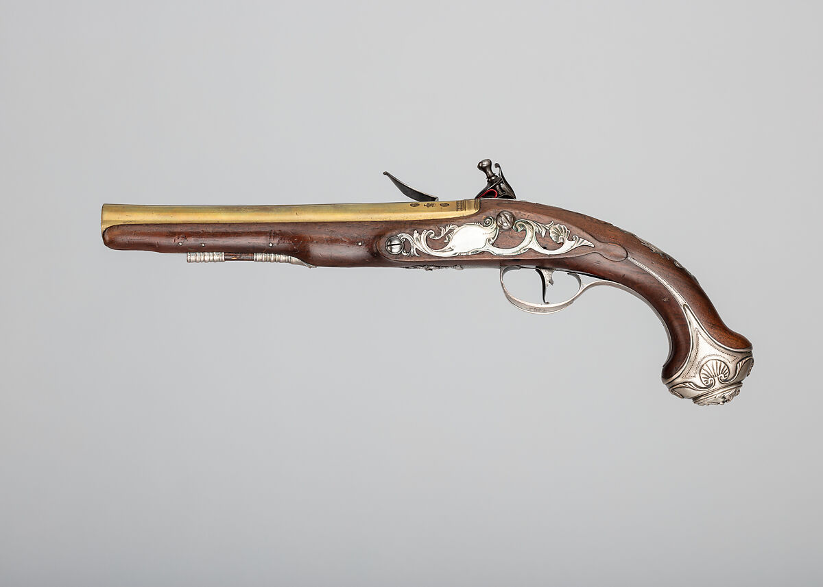 Flintlock Pistol, Probably John Hall (London, recorded 1738), Steel, wood (walnut), brass, silver, British, London