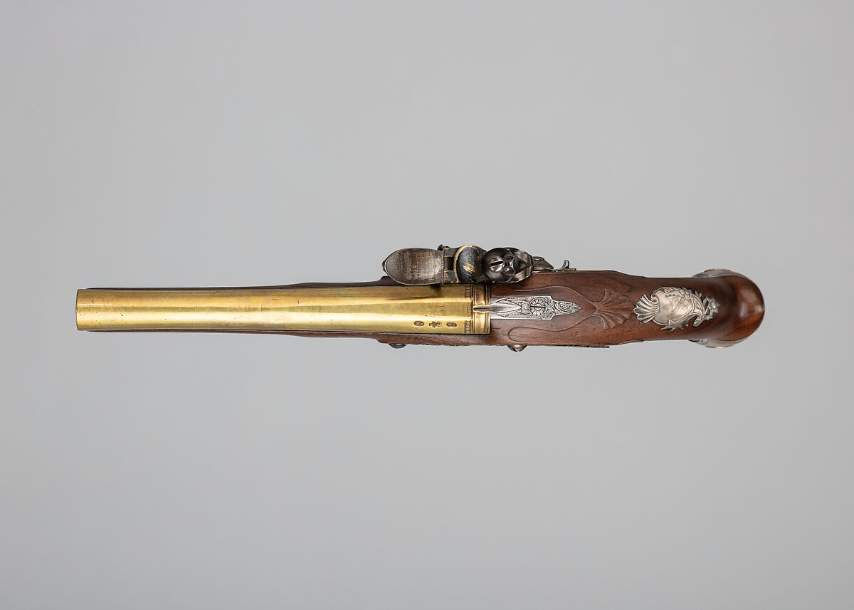Flintlock Pistol, Probably John Hall (London, recorded 1738), Steel, wood (walnut), brass, silver, British, London
