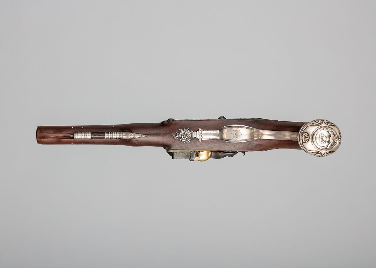 Flintlock Pistol, Probably John Hall (London, recorded 1738), Steel, wood (walnut), brass, silver, British, London