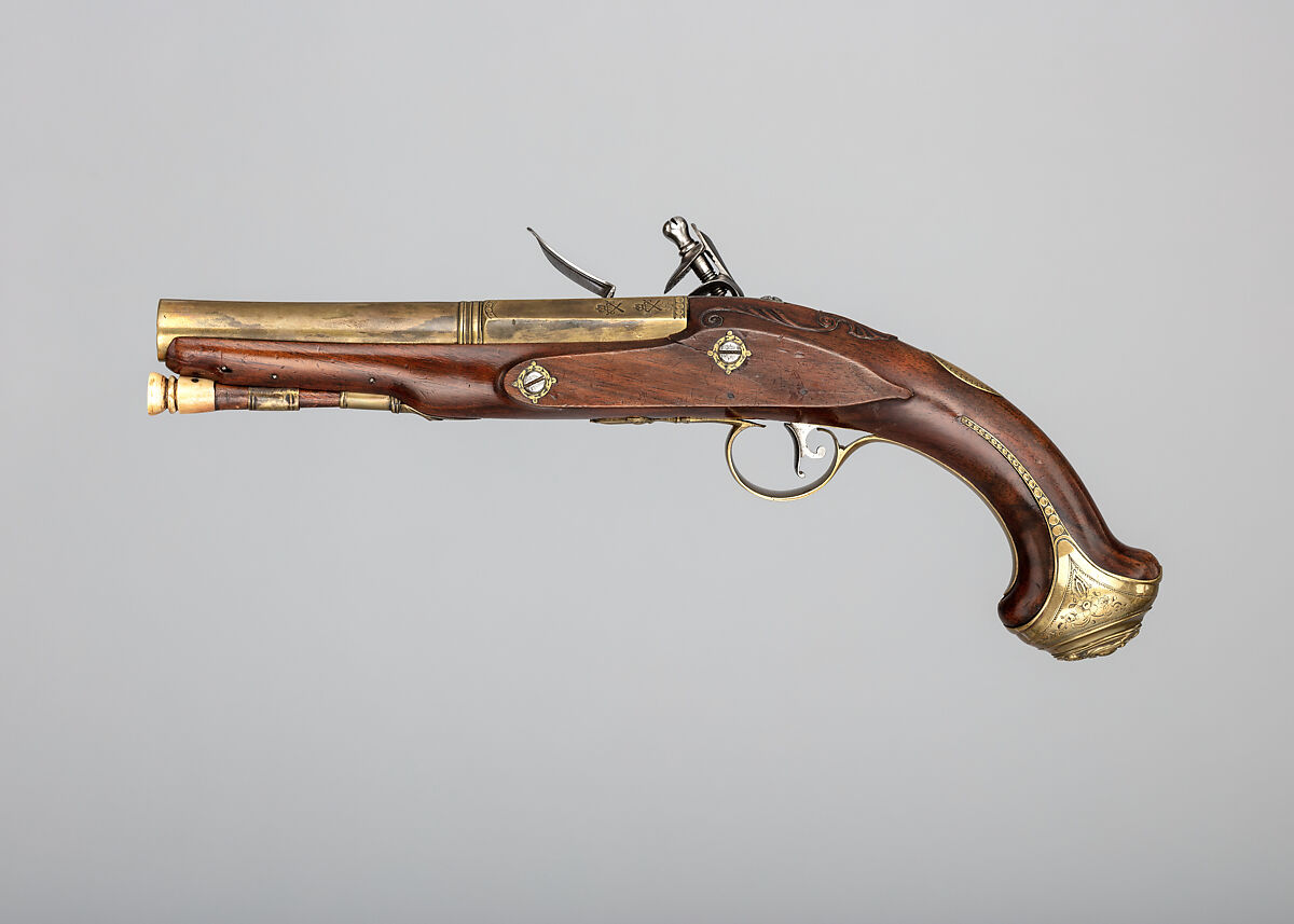 Flintlock Pistol, Probably James Grice (British, London, recorded 1793–96)  , or Joseph or William Grice, British, Birmingham, Steel, wood (walnut), brass, horn, British, London or Birmingham