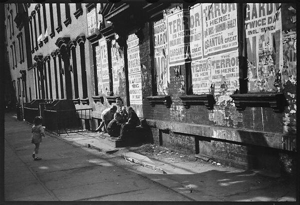 [Two 35mm Film Frames: View Down Street in Hell's Kitchen with Children on Stoop and Torn Circus Posters, New York City], Walker Evans (American, St. Louis, Missouri 1903–1975 New Haven, Connecticut), Film negative