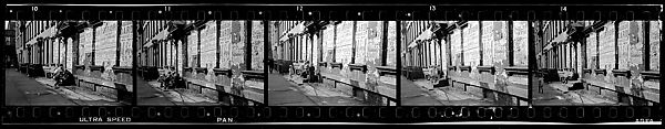 [Five 35mm Film Frames: View Down Street in Hell's Kitchen with Children on Stoop and Torn Circus Posters, New York City], Walker Evans (American, St. Louis, Missouri 1903–1975 New Haven, Connecticut), Film negative 